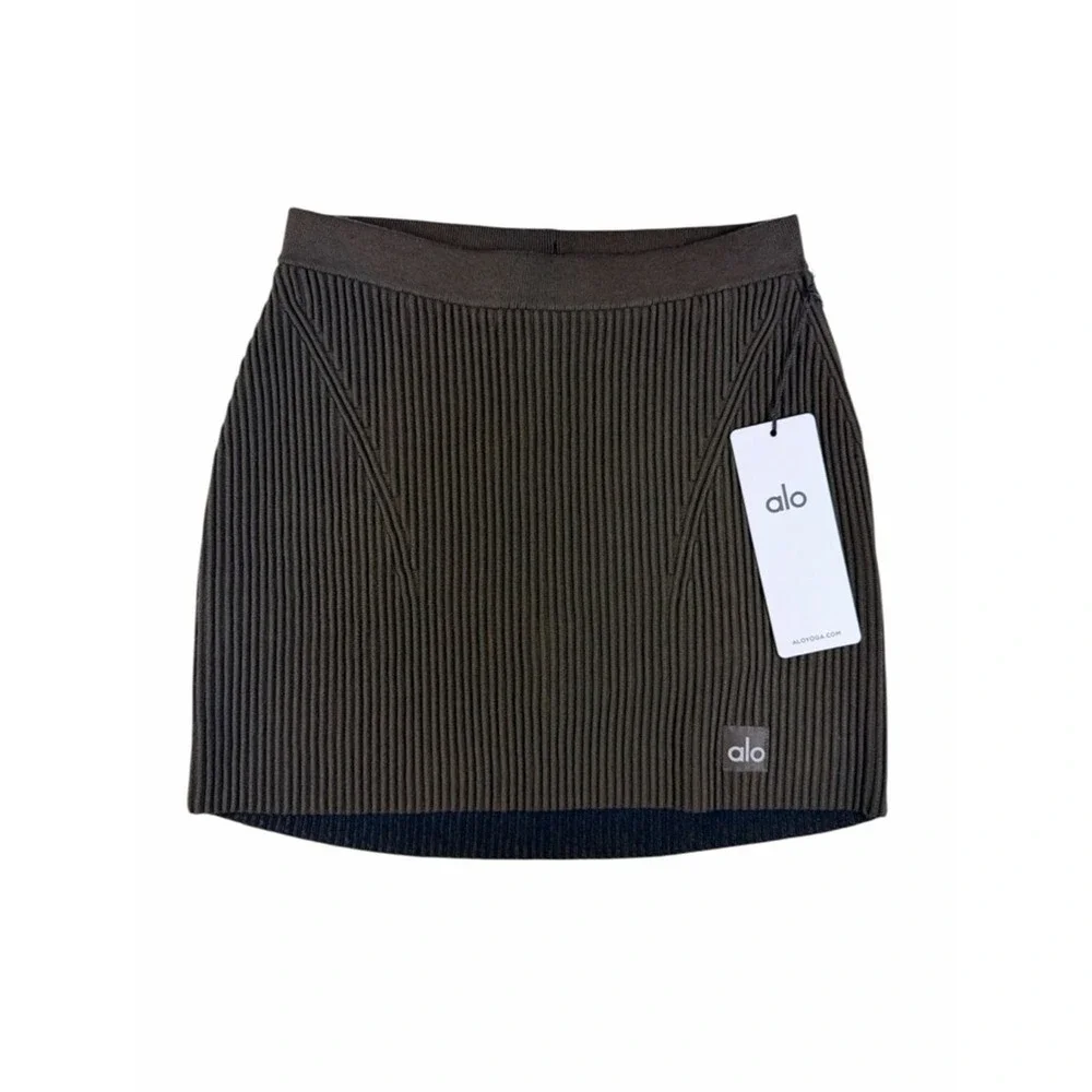 Alo Yoga Denim Knit High-Waist Skirt Women Small Espresso Ribbed Athletic